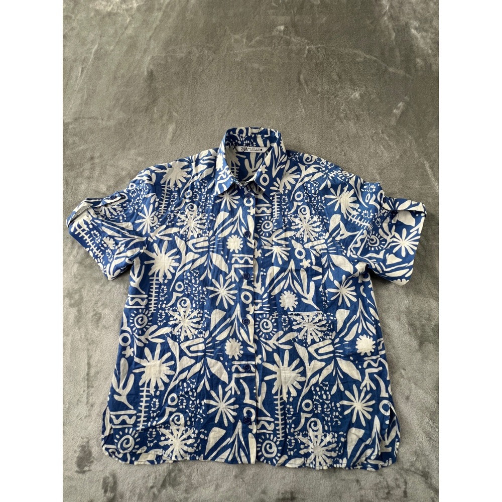 Zara Button Down Shirt Womens Small Blue White Abstract Floral Short Sleeve